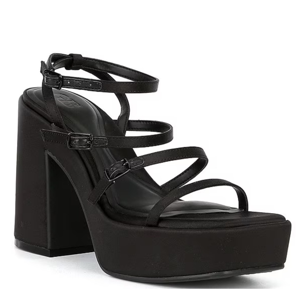 NEW GB Gianni Bini Drama-Queen Y2K Satin Strappy Platform Dress Sandals in Black